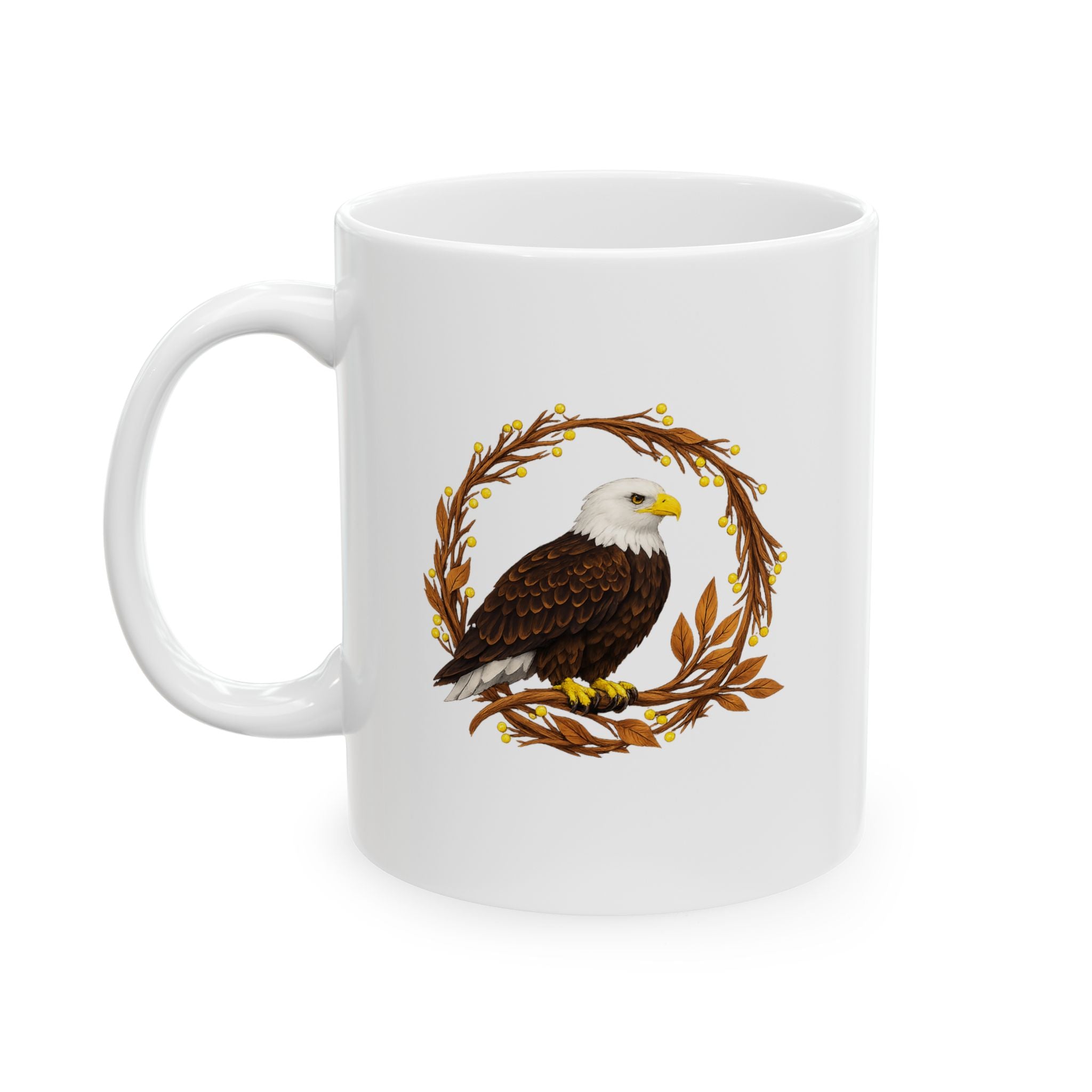 White mug with a bald eagle design on a white background