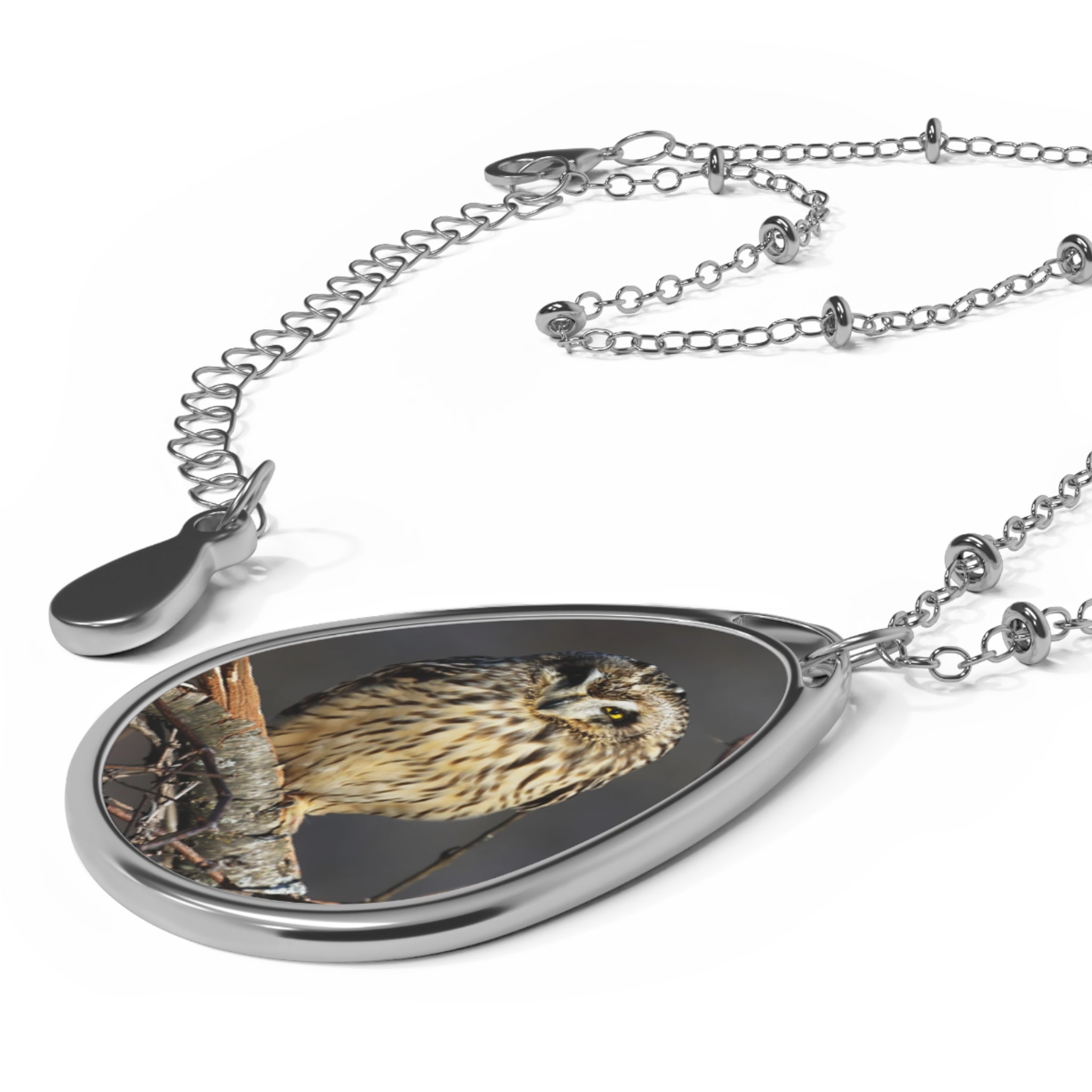 Teardrop-shaped pendant with a short- eared owl photo
