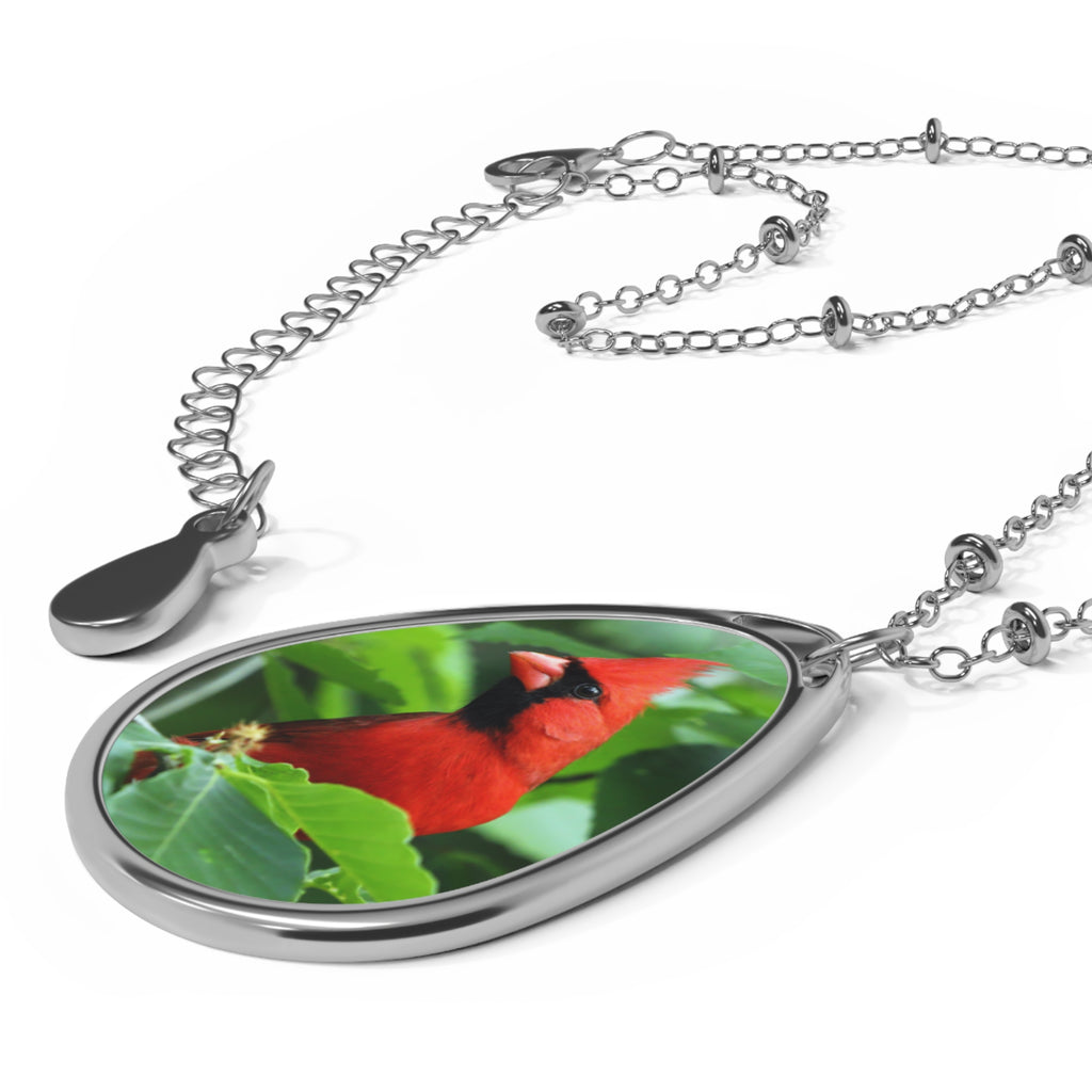 Teardrop-shaped pendant with a northern cardinal photo