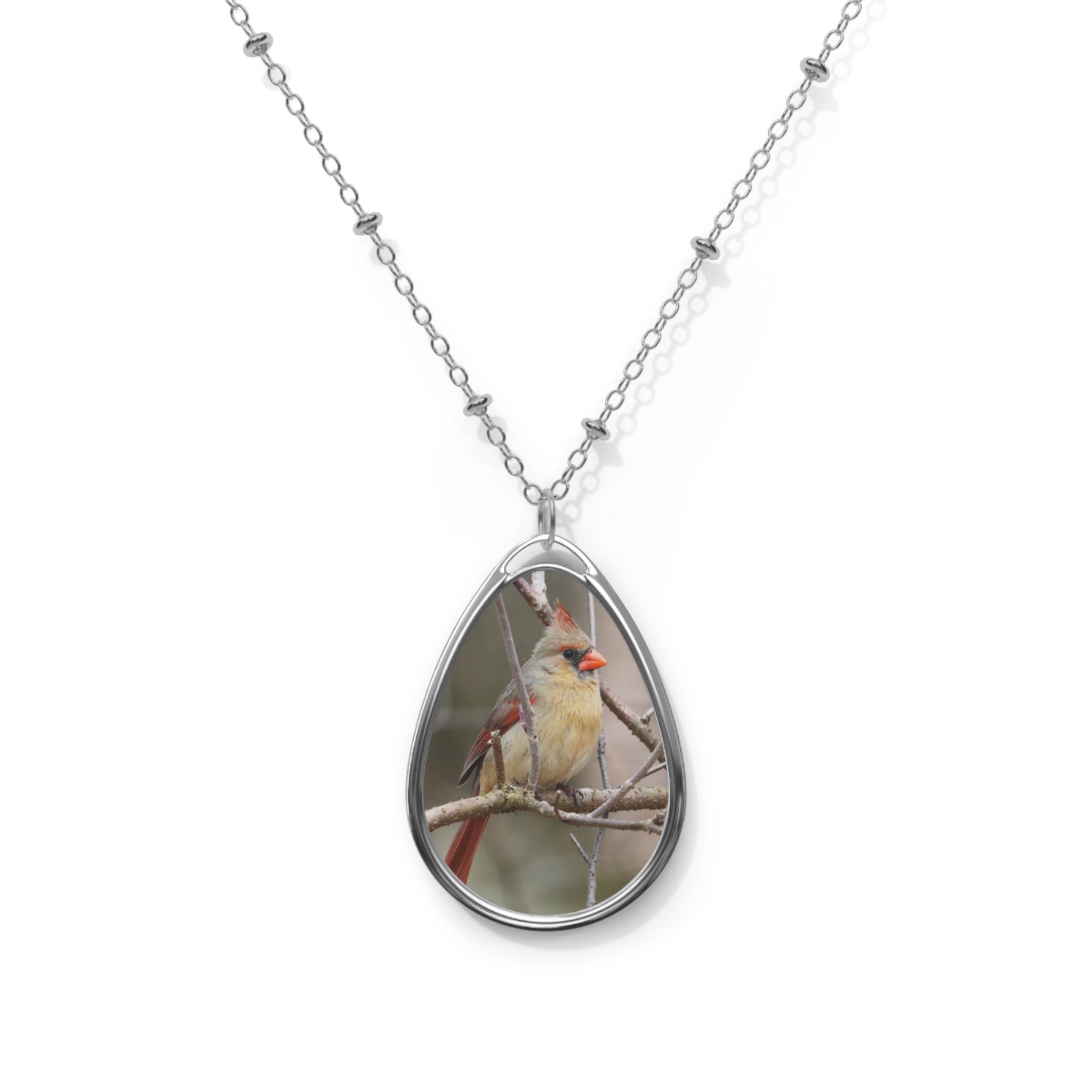 Teardrop-shaped pendant with a female northern cardinal photo
