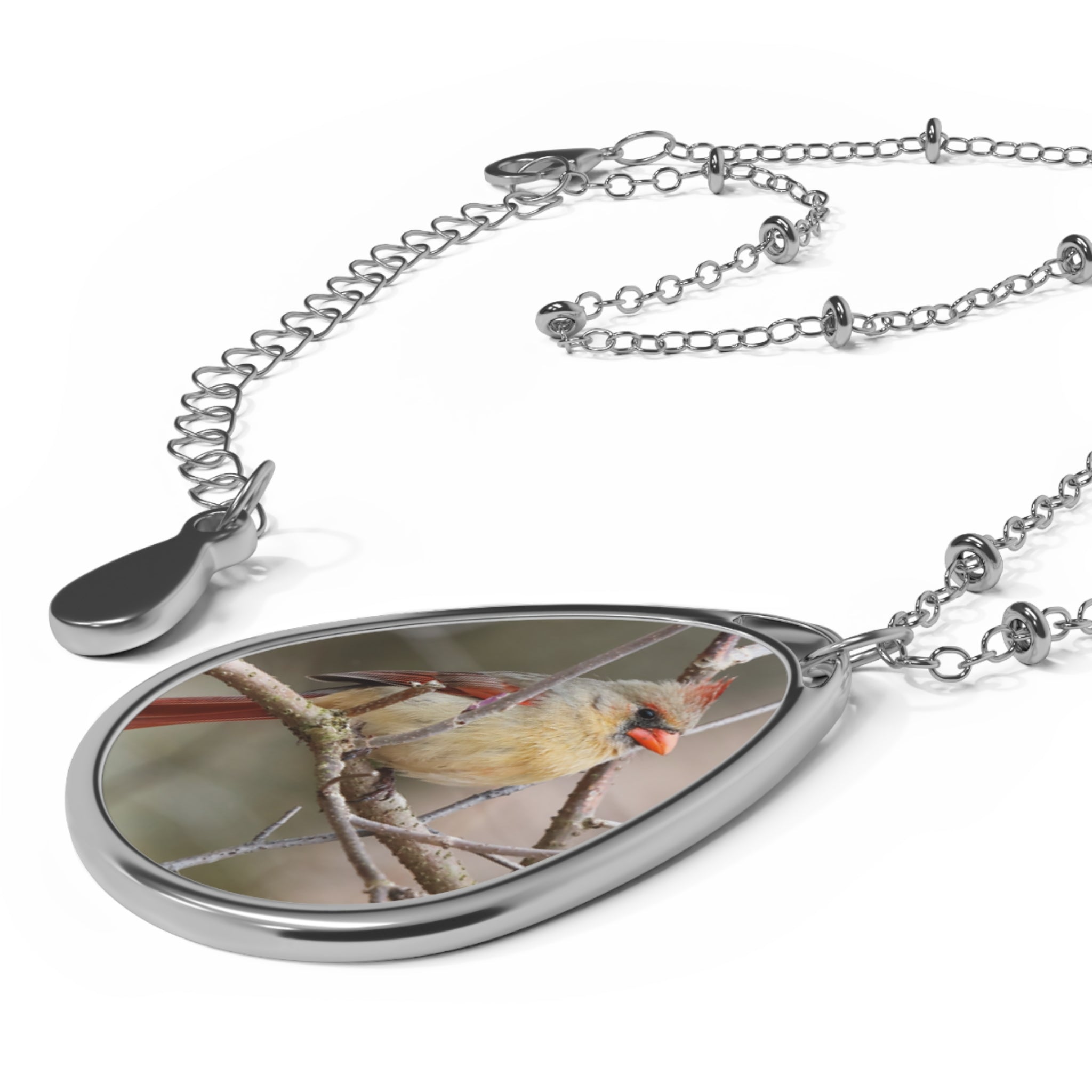 Teardrop-shaped pendant with a female northern cardinal photo