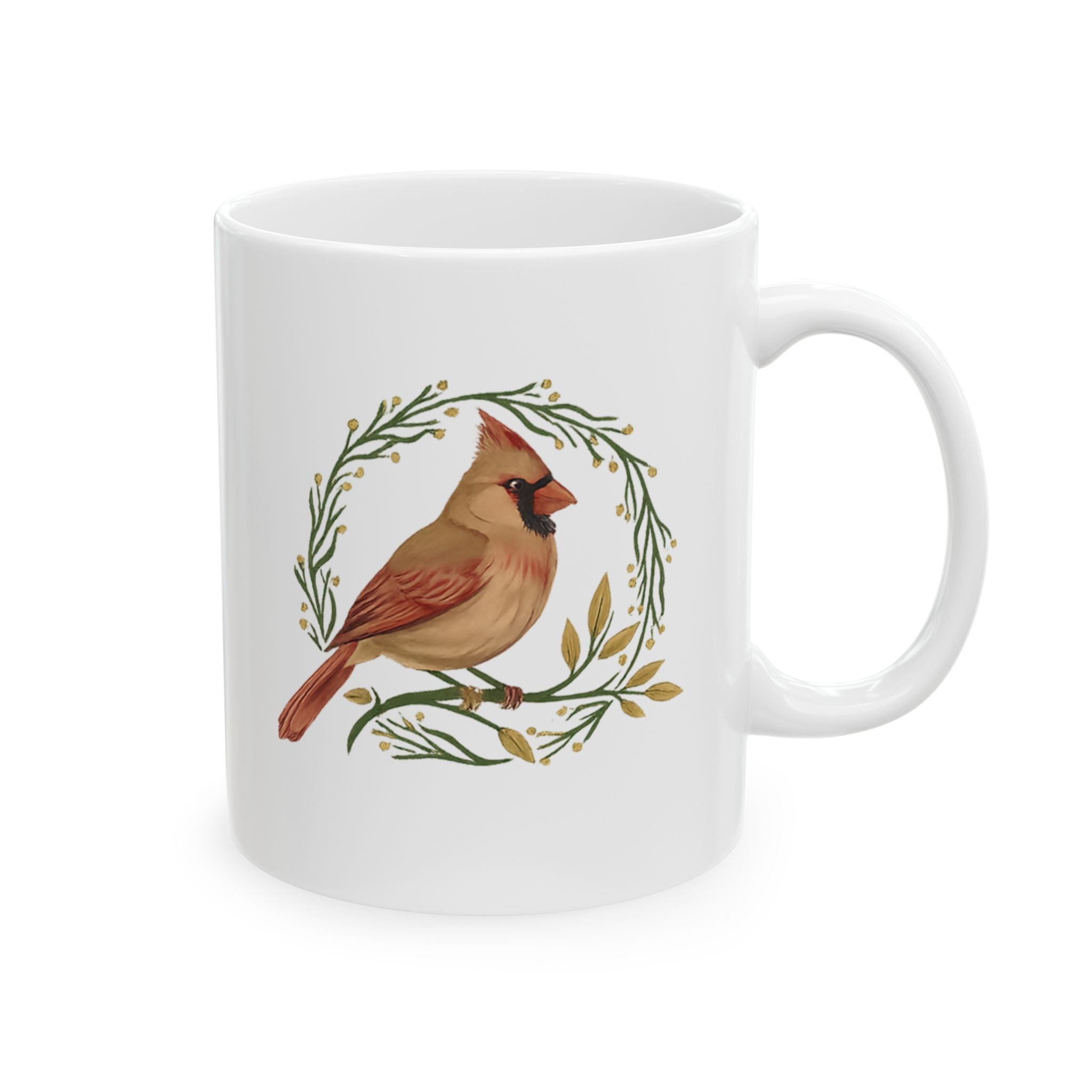 White mug with a cardinal bird design on a white background