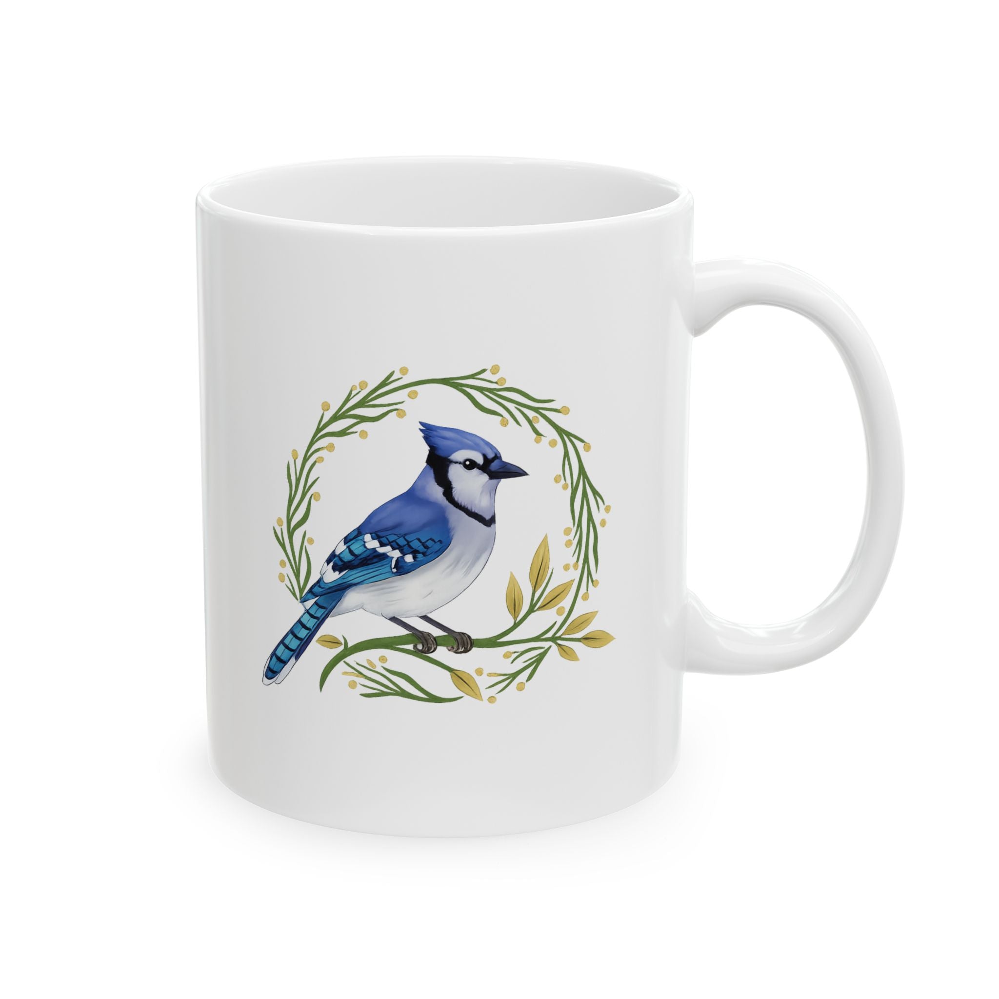 White mug with a blue jay design