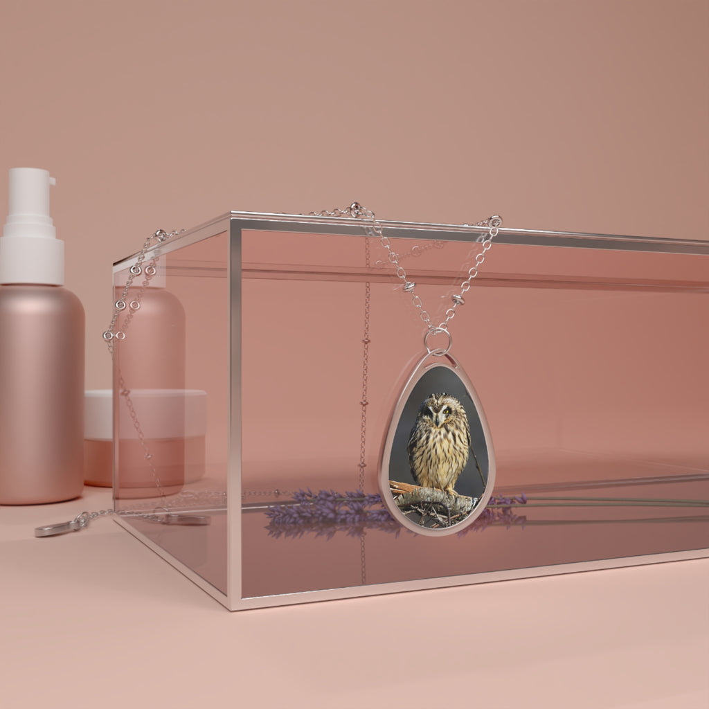 Teardrop-shaped pendant with a short- eared owl photo
