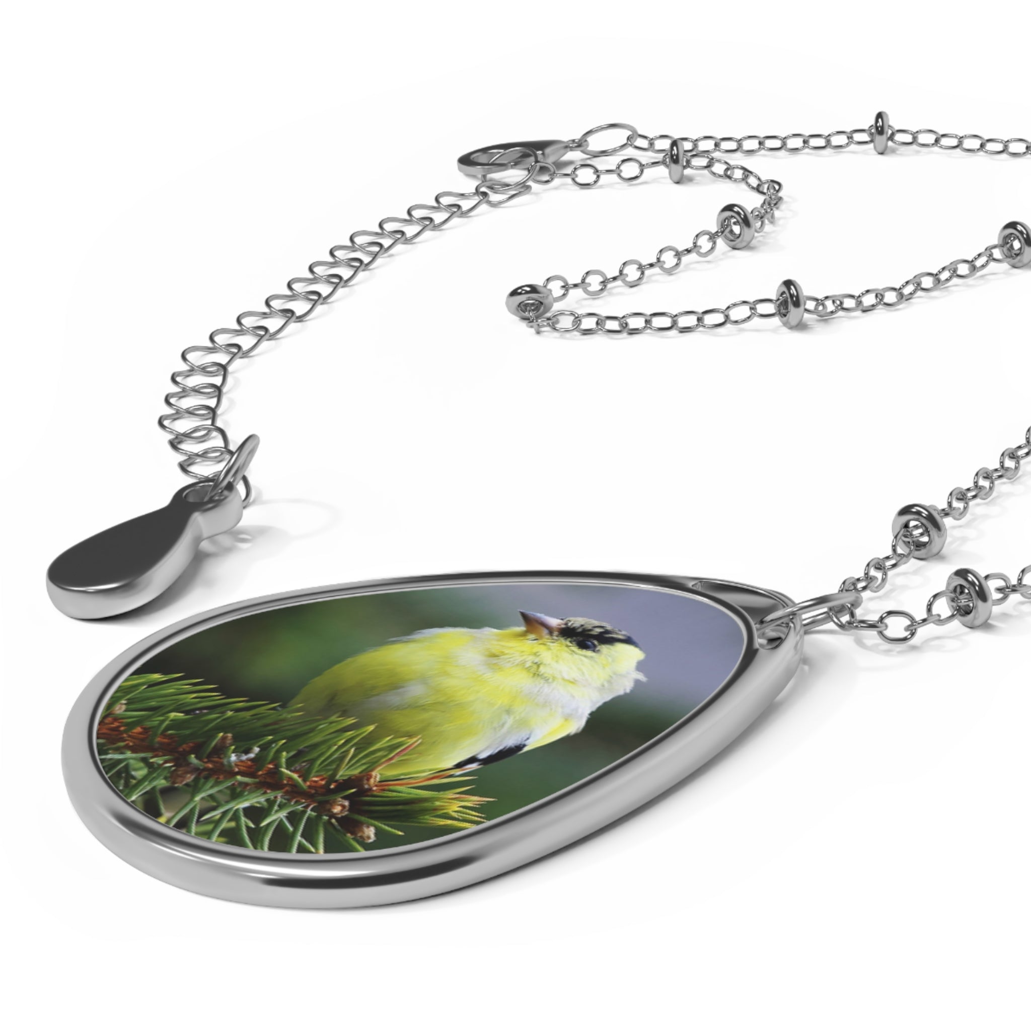 Teardrop-shaped pendant with a goldfinch photo
