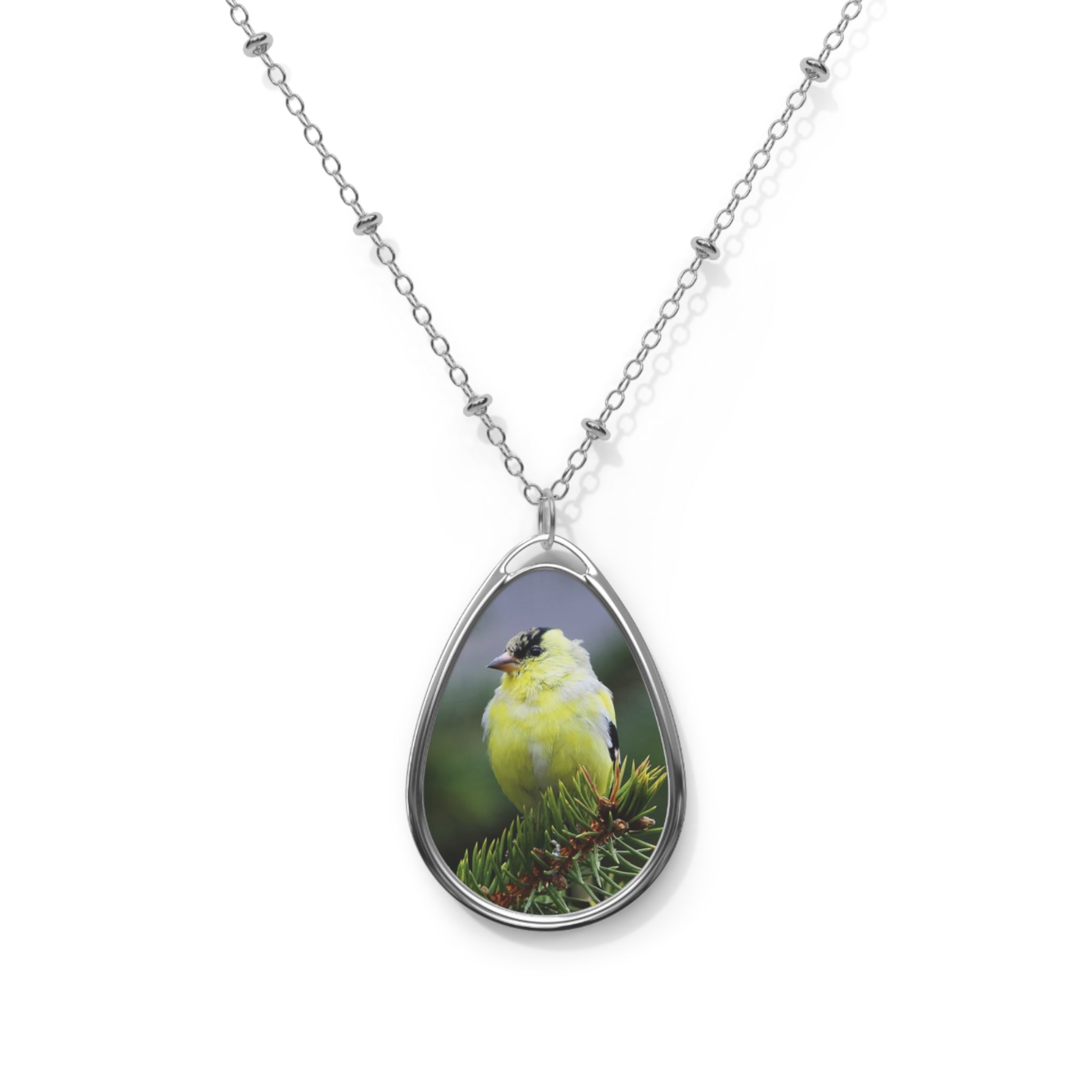 Teardrop-shaped pendant with a goldfinch photo