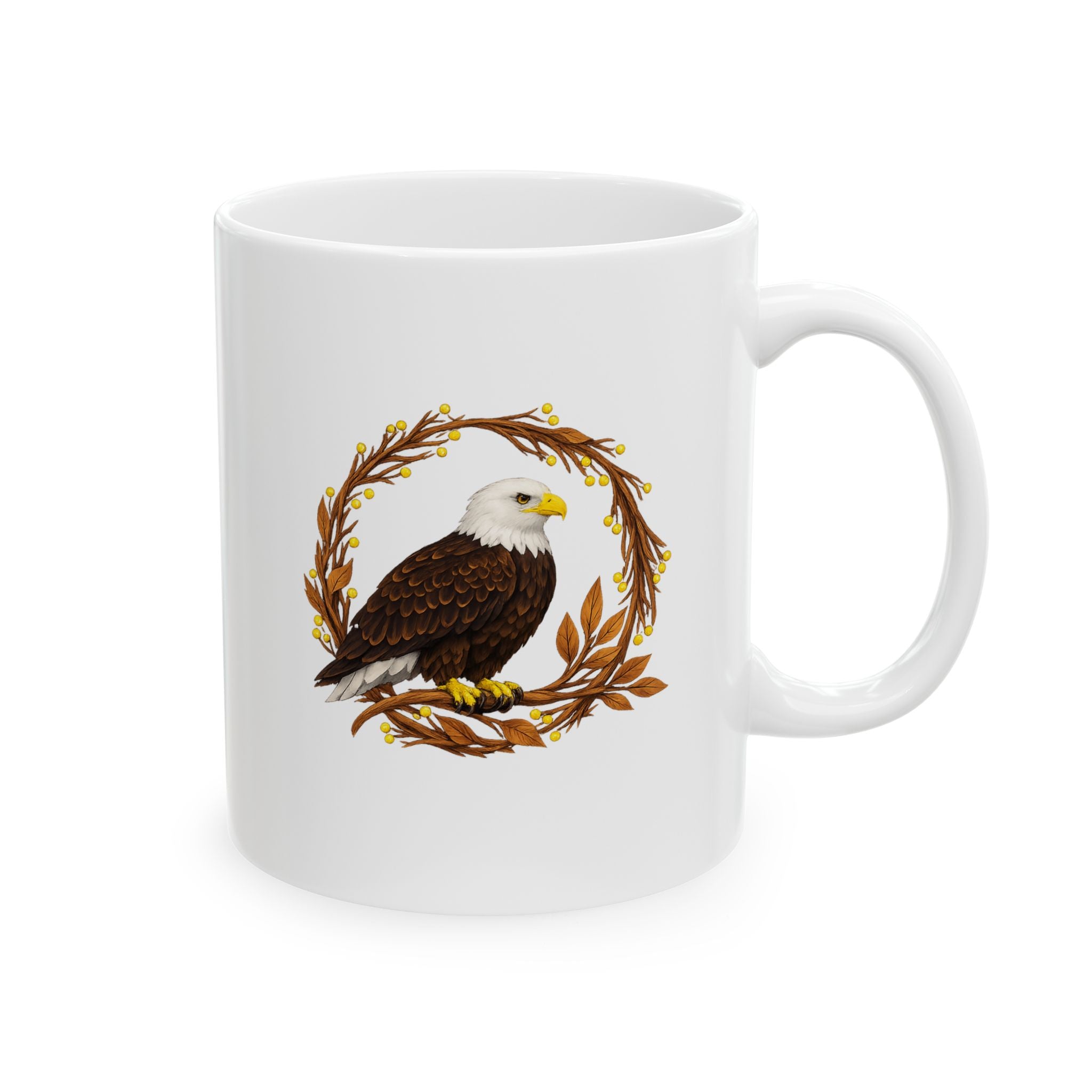 White mug with a design of an eagle in a wreath on a white background