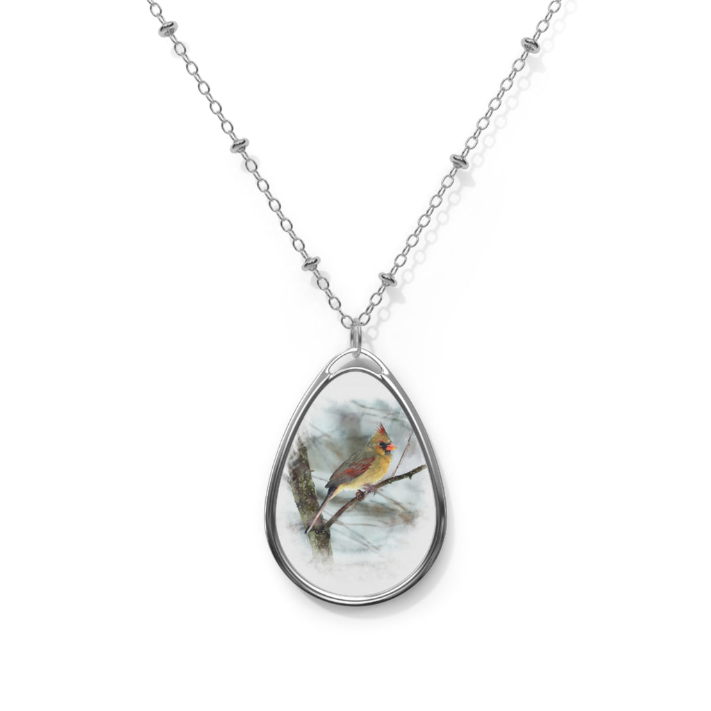 Teardrop-shaped pendant with a female northern cardinal photo