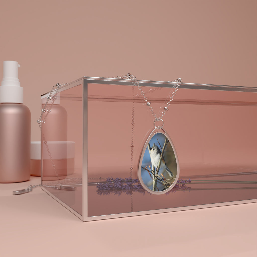 Teardrop-shaped pendant with a wood tufted titmouse photo