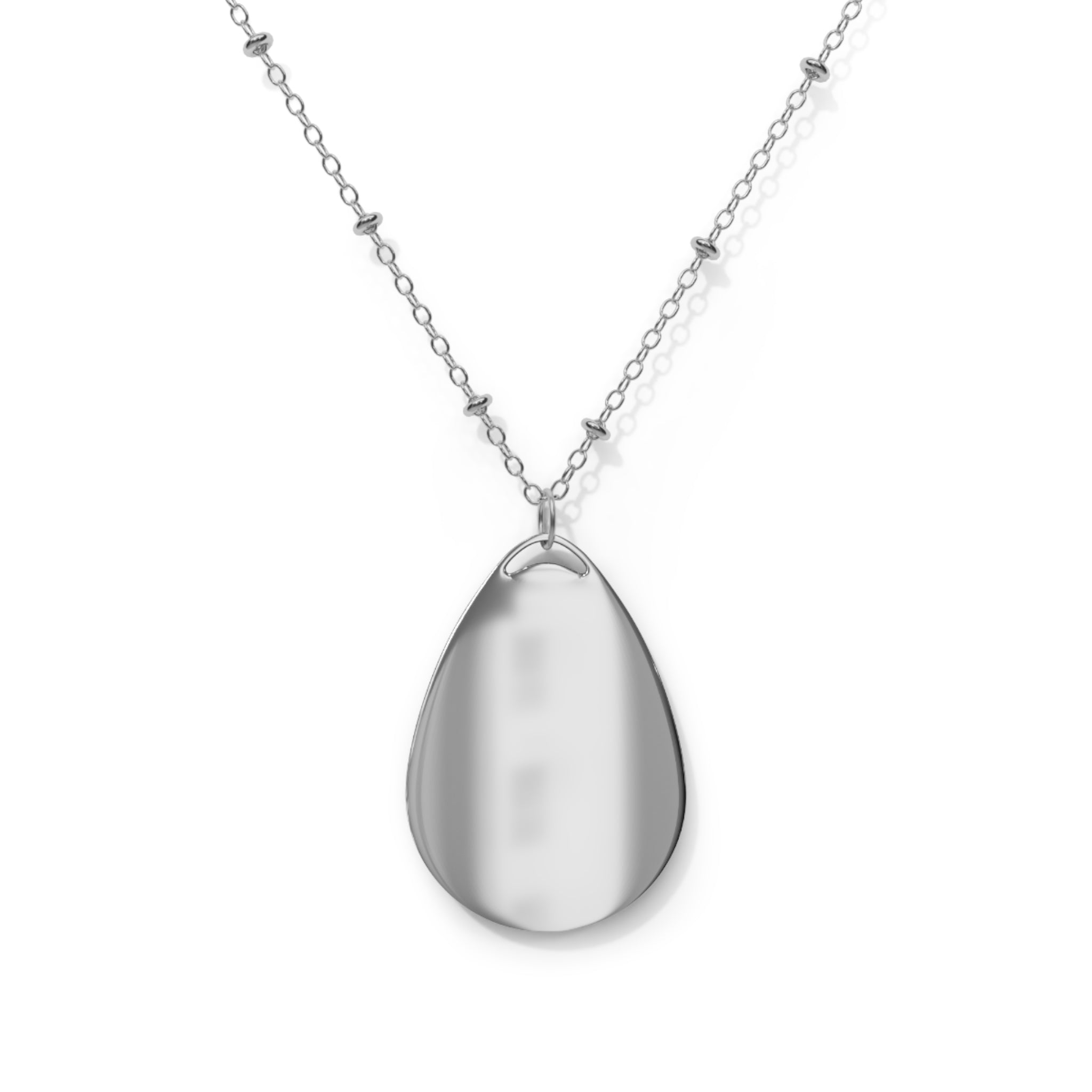 Silver teardrop pendant necklace on a white background