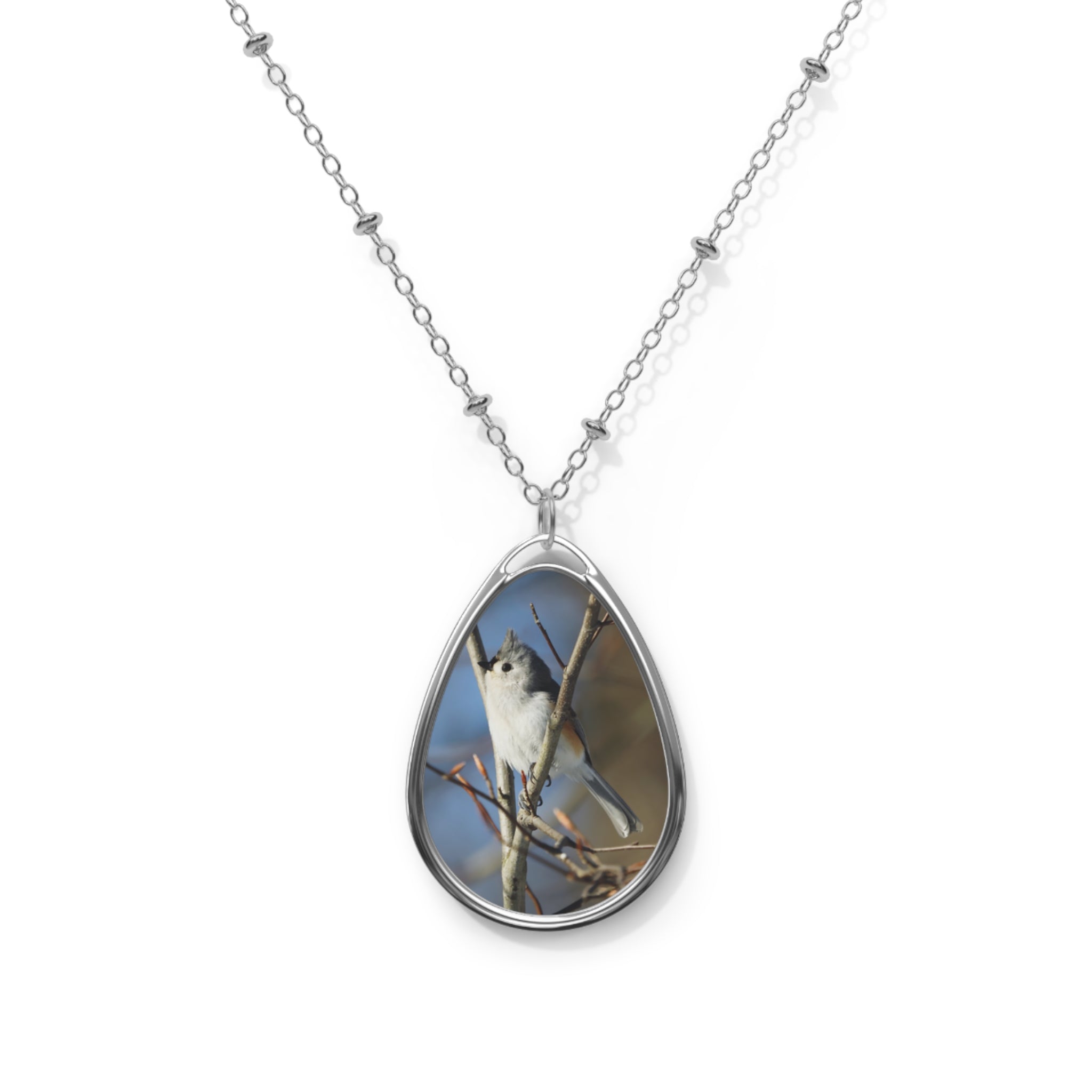 Teardrop-shaped pendant with a wood tufted titmouse photo