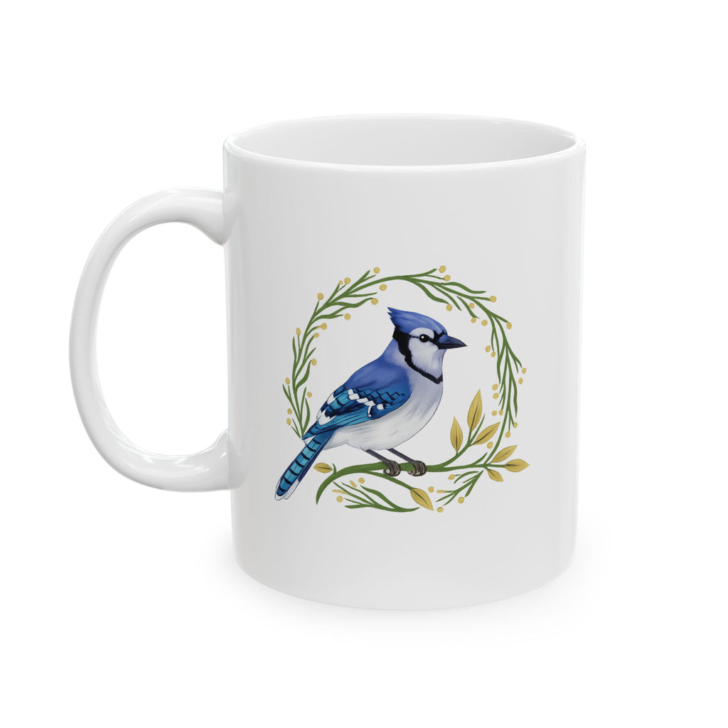 White mug with a blue jay design