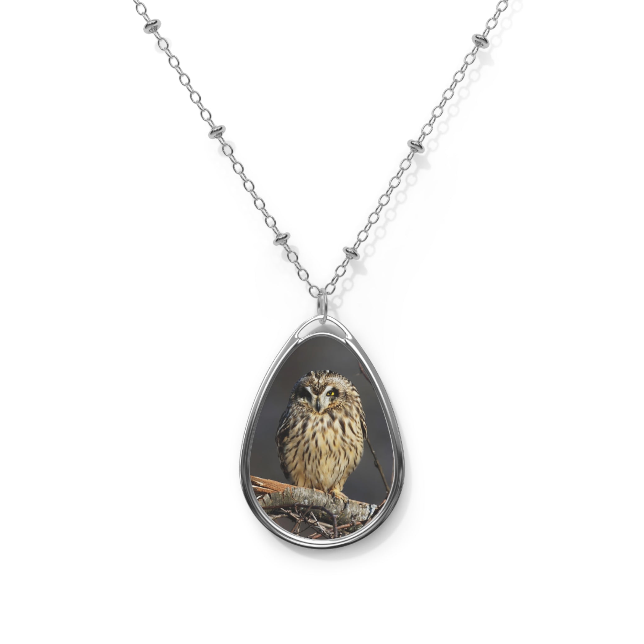 Teardrop-shaped pendant with a short- eared owl photo