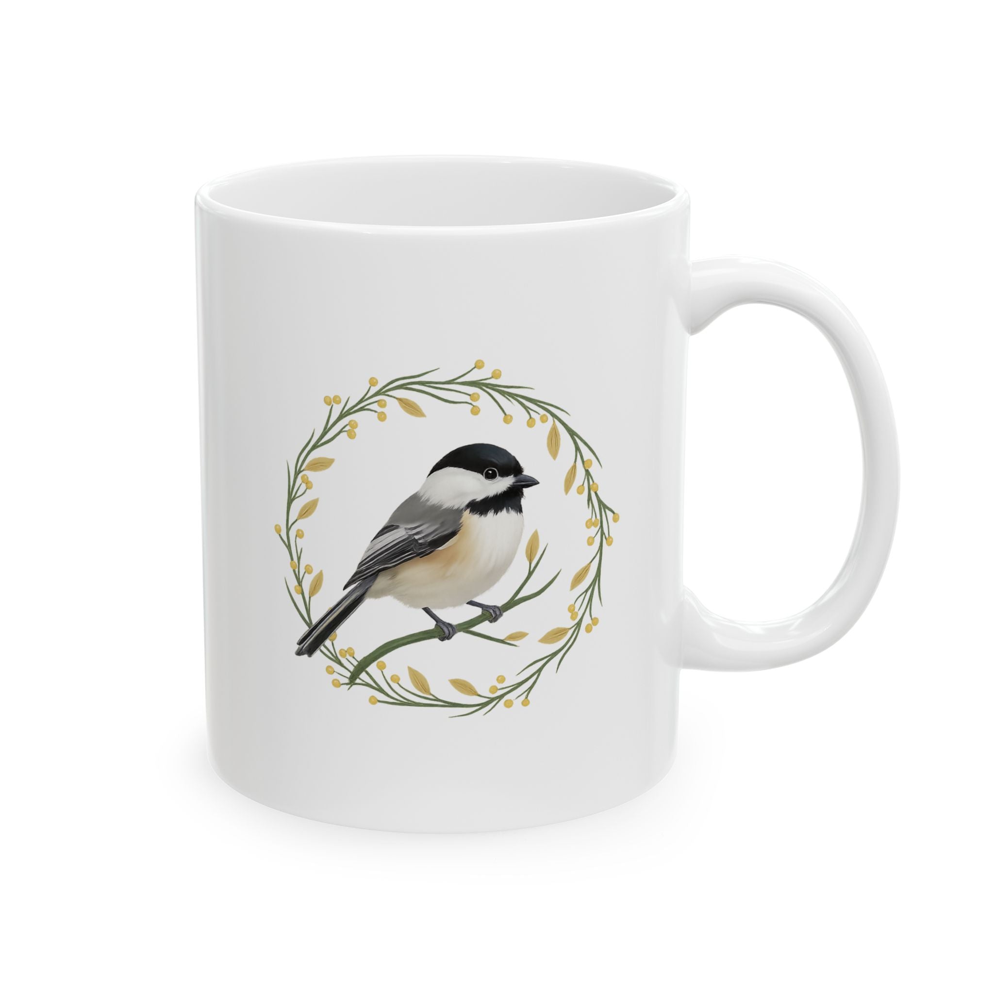 White mug with a chickadee design