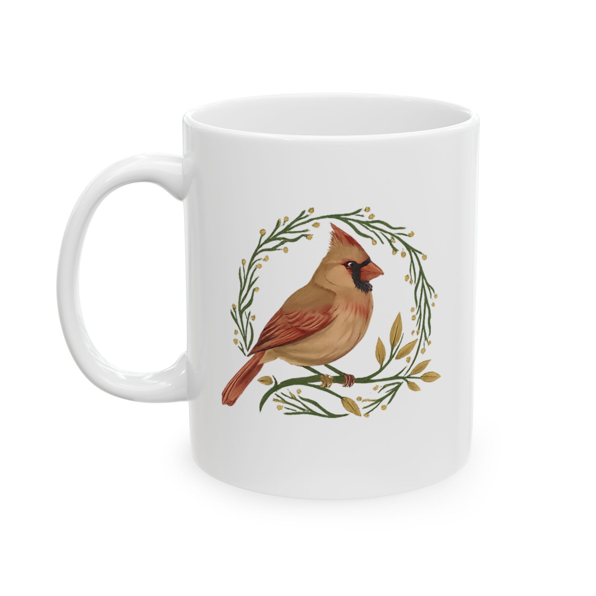 White mug with a cardinal bird design on a white background
