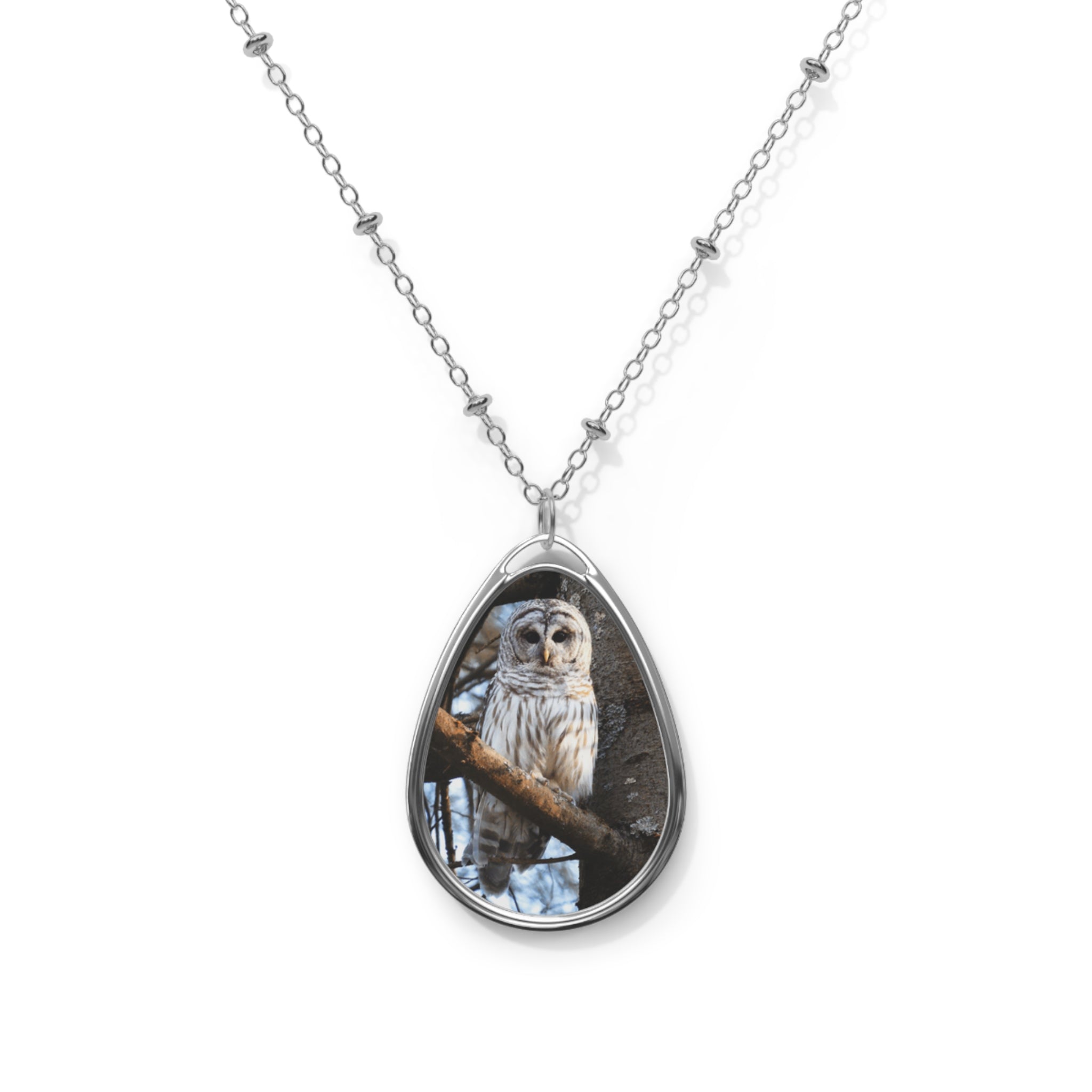 Teardrop-shaped pendant with a cedar barred owl photo