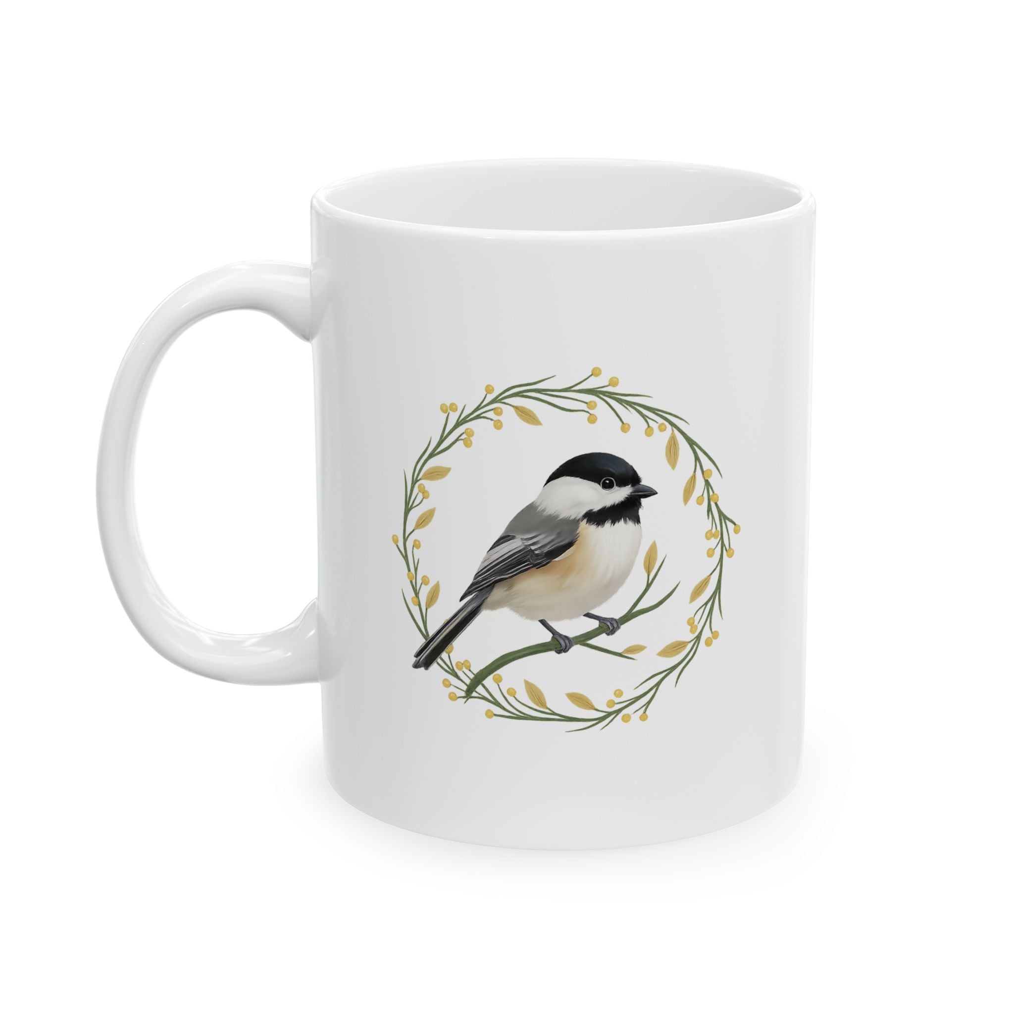 White mug with a chickadee design
