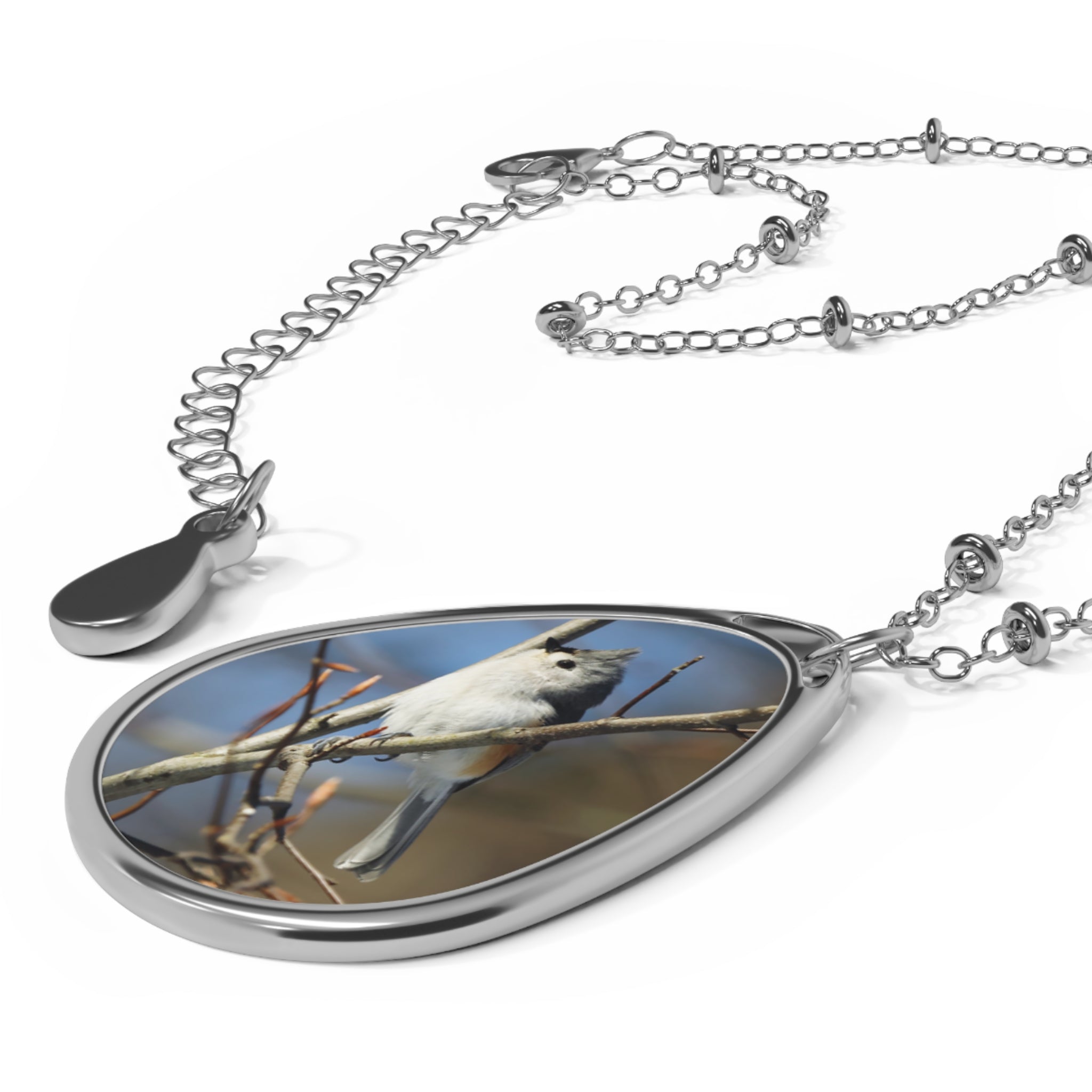 Teardrop-shaped pendant with a wood tufted titmouse photo